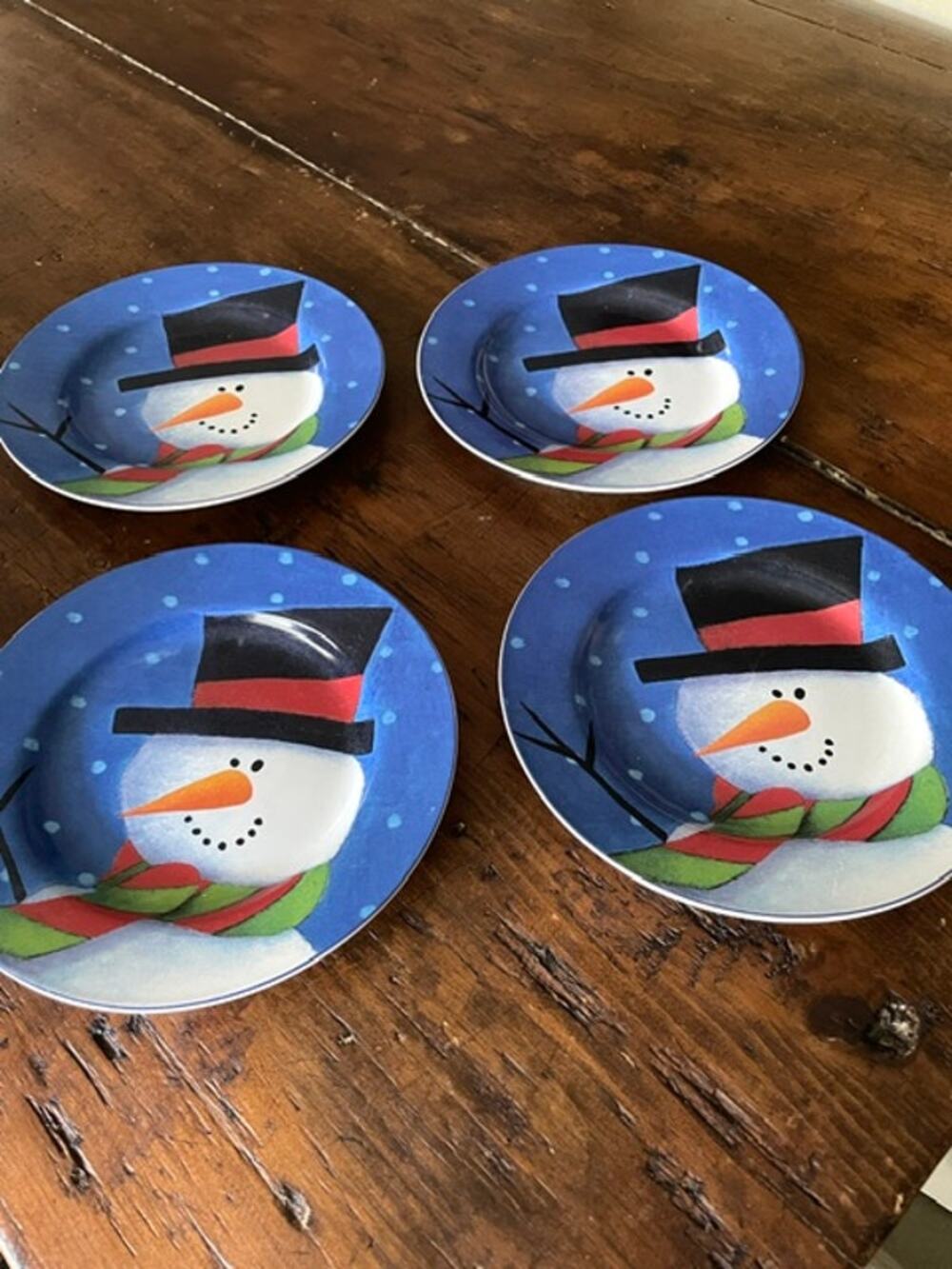 Sakura Snowy Day Snowman Set of 4 Christmas Salad Dessert Plates 8"
